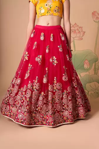  Rani Thread Zari Dori And Sequins Embroidered With Mirror Work Soft Net Lehenga Choli And Dupatta