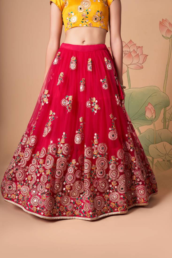  Rani Thread Zari Dori And Sequins Embroidered With Mirror Work Soft Net Lehenga Choli And Dupatta