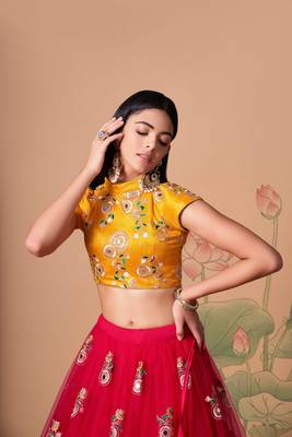  Rani Thread Zari Dori And Sequins Embroidered With Mirror Work Soft Net Lehenga Choli And Dupatta 4