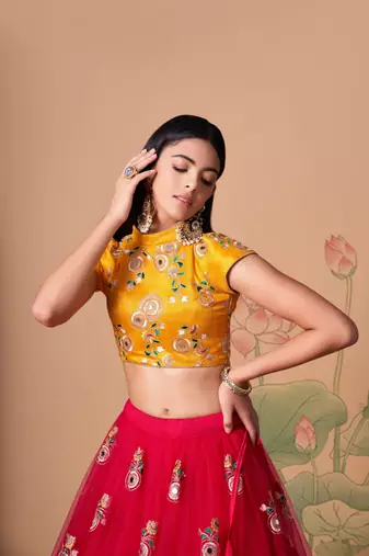  Rani Thread Zari Dori And Sequins Embroidered With Mirror Work Soft Net Lehenga Choli And Dupatta