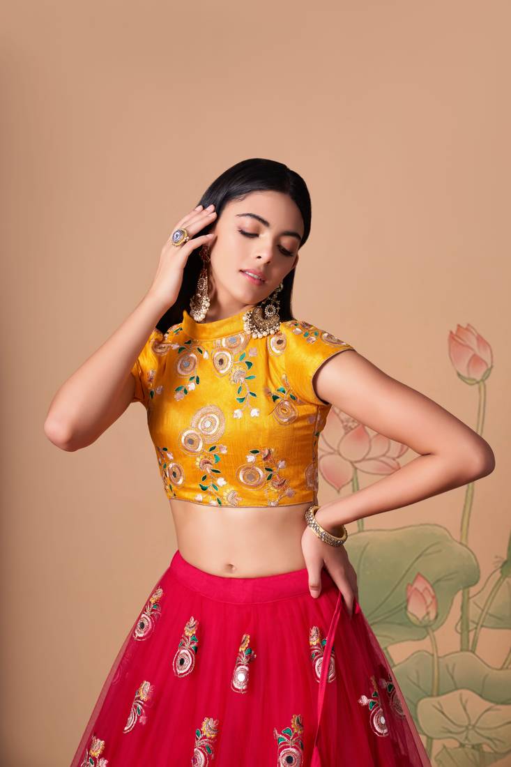  Rani Thread Zari Dori And Sequins Embroidered With Mirror Work Soft Net Lehenga Choli And Dupatta