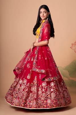  Rani Thread Zari Dori And Sequins Embroidered With Mirror Work Soft Net Lehenga Choli And Dupatta 5