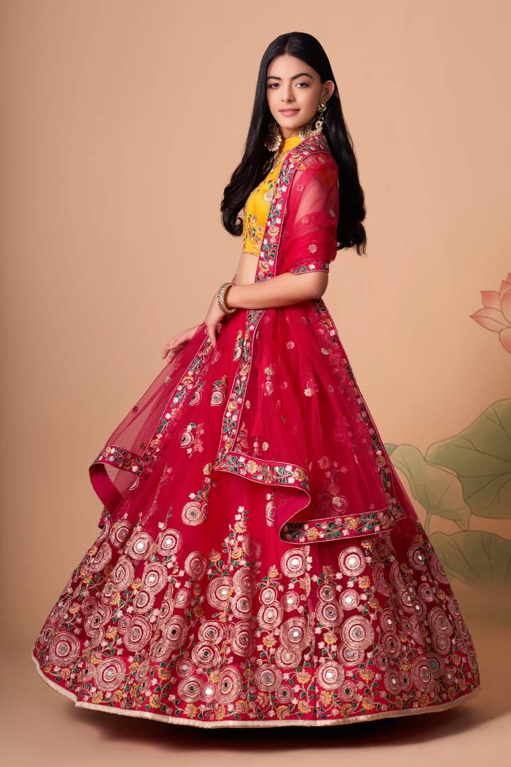  Rani Thread Zari Dori And Sequins Embroidered With Mirror Work Soft Net Lehenga Choli And Dupatta
