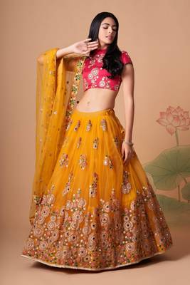 Yellow Thread Zari Dori And Sequins Embroidered With Mirror Work Soft Net Lehenga Choli For Party 1