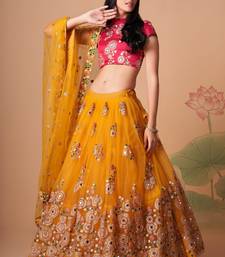  Yellow Thread Zari Dori And Sequins Embroidered With Mirror Work Soft Net Lehenga Choli For Party