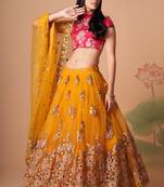  Yellow Thread Zari Dori And Sequins Embroidered With Mirror Work Soft Net Lehenga Choli For Party