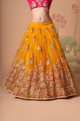  Yellow Thread Zari Dori And Sequins Embroidered With Mirror Work Soft Net Lehenga Choli For Party 3