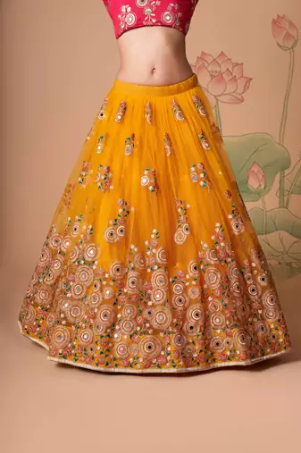  Yellow Thread Zari Dori And Sequins Embroidered With Mirror Work Soft Net Lehenga Choli For Party
