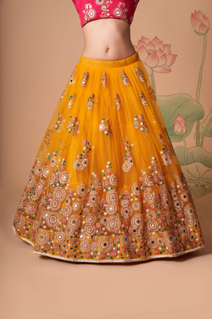  Yellow Thread Zari Dori And Sequins Embroidered With Mirror Work Soft Net Lehenga Choli For Party