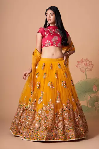  Yellow Thread Zari Dori And Sequins Embroidered With Mirror Work Soft Net Lehenga Choli For Party