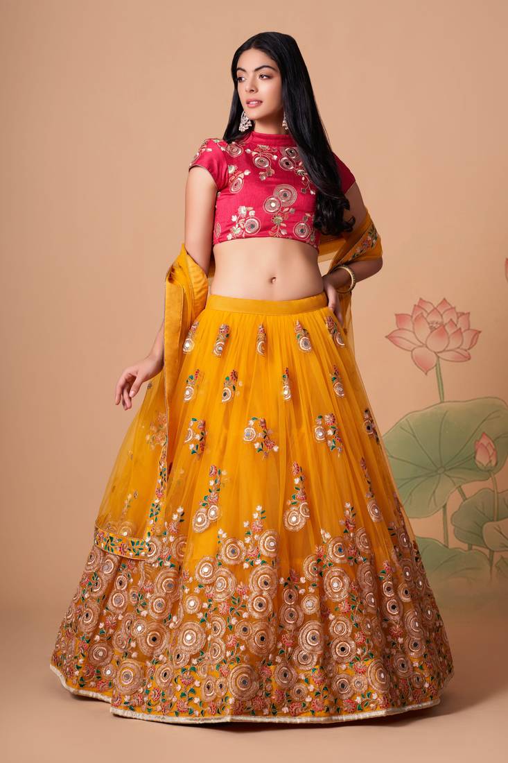  Yellow Thread Zari Dori And Sequins Embroidered With Mirror Work Soft Net Lehenga Choli For Party