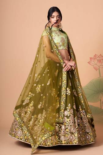 Mehndi Thread Zari Dori And Sequins Embroidered With Mirror Work Soft Net Lehenga Choli Design