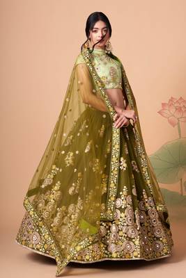 Mehndi Thread Zari Dori And Sequins Embroidered With Mirror Work Soft Net Lehenga Choli Design 1