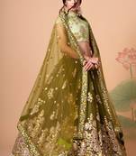 Mehndi Thread Zari Dori And Sequins Embroidered With Mirror Work Soft Net Lehenga Choli Design
