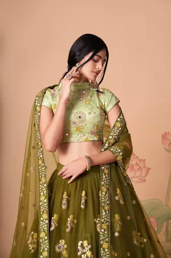 Mehndi Thread Zari Dori And Sequins Embroidered With Mirror Work Soft Net Lehenga Choli Design