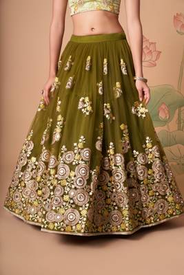 Mehndi Thread Zari Dori And Sequins Embroidered With Mirror Work Soft Net Lehenga Choli Design 3