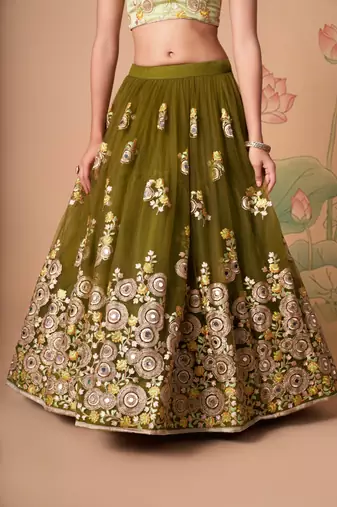 Mehndi Thread Zari Dori And Sequins Embroidered With Mirror Work Soft Net Lehenga Choli Design