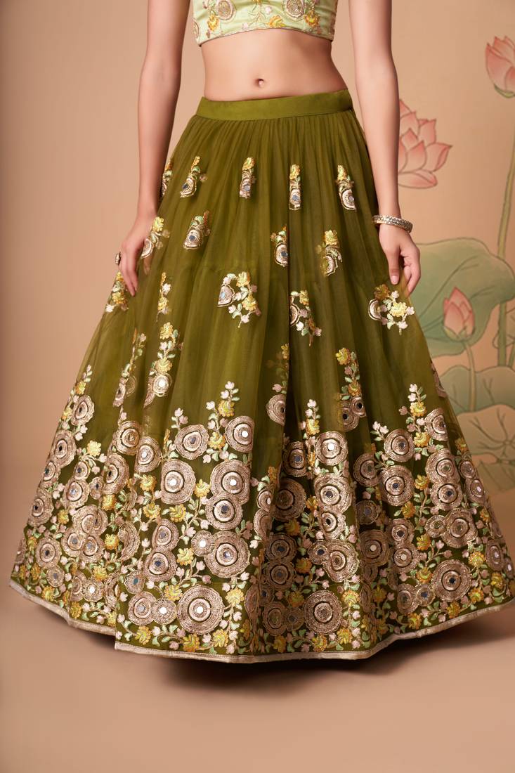 Mehndi Thread Zari Dori And Sequins Embroidered With Mirror Work Soft Net Lehenga Choli Design