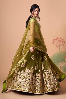 Mehndi Thread Zari Dori And Sequins Embroidered With Mirror Work Soft Net Lehenga Choli Design 4