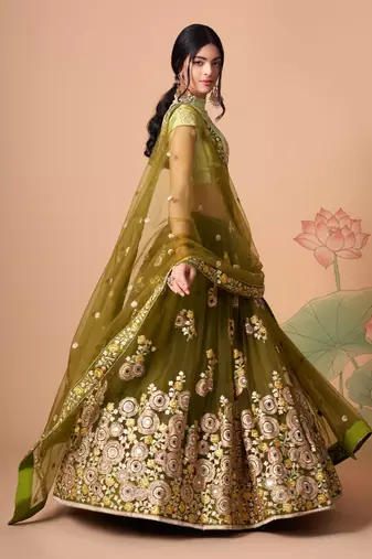 Mehndi Thread Zari Dori And Sequins Embroidered With Mirror Work Soft Net Lehenga Choli Design