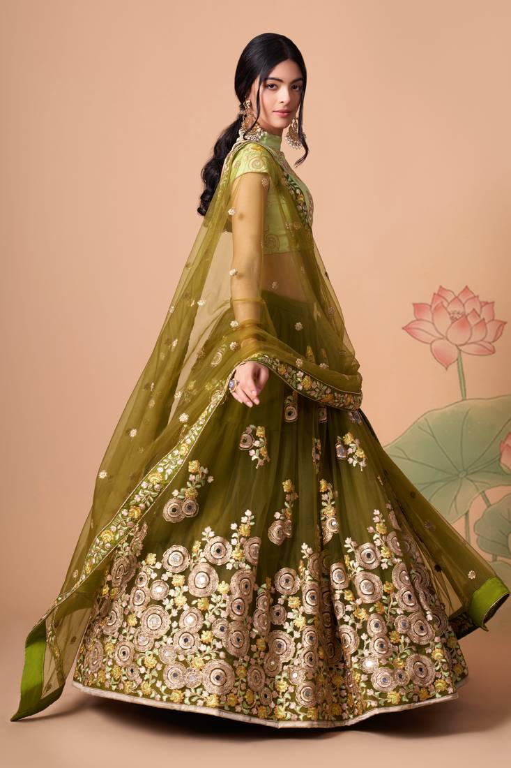 Mehndi Thread Zari Dori And Sequins Embroidered With Mirror Work Soft Net Lehenga Choli Design