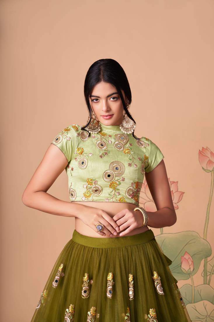 Mehndi Thread Zari Dori And Sequins Embroidered With Mirror Work Soft Net Lehenga Choli Design