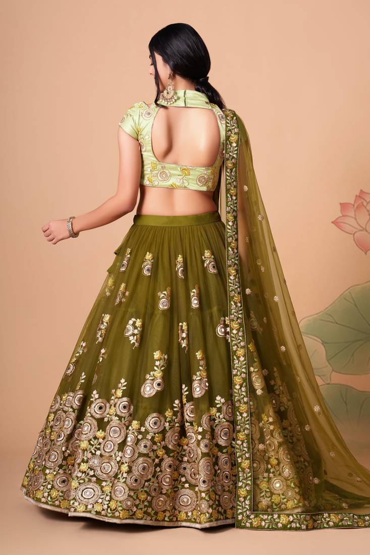 Mehndi Thread Zari Dori And Sequins Embroidered With Mirror Work Soft Net Lehenga Choli Design