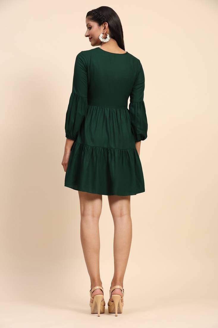 Green Plain Cotton Rayon Mini Western Dress for Women