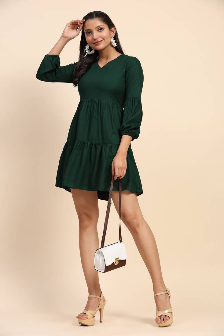 Green Plain Cotton Rayon Mini Western Dress for Women