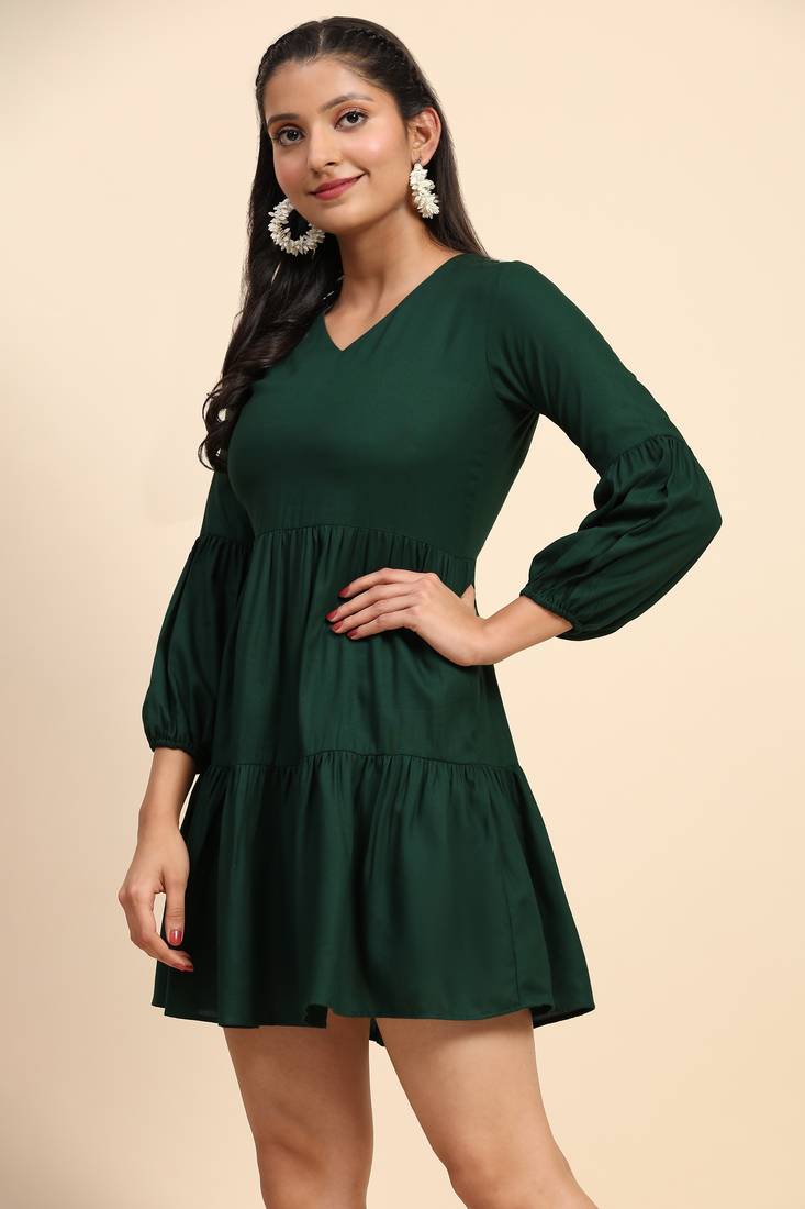 Green Plain Cotton Rayon Mini Western Dress for Women
