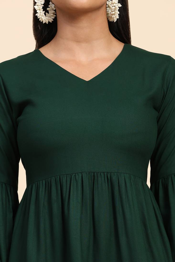 Green Plain Cotton Rayon Mini Western Dress for Women