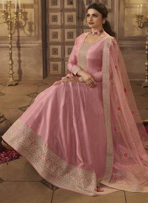 Baby Pink Dola Silk Embroidered Anarkali Suit | Semi-Stitched 2