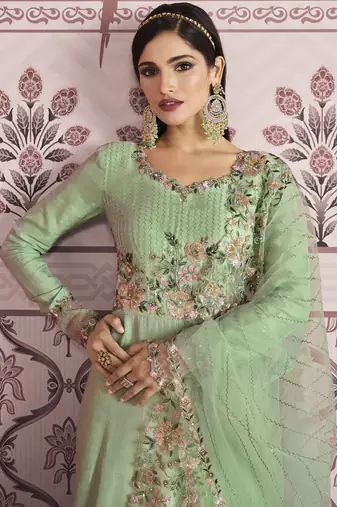 Mint Green Floral Embroidered Designer Anarkali Suit | Semi-Stitched