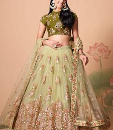  Pista Green Thread Zari Dori And Sequins Embroidered With Mirror Work Soft Net Wedding Lehenga Choli