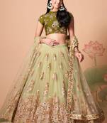  Pista Green Thread Zari Dori And Sequins Embroidered With Mirror Work Soft Net Wedding Lehenga Choli