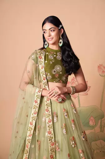  Pista Green Thread Zari Dori And Sequins Embroidered With Mirror Work Soft Net Wedding Lehenga Choli