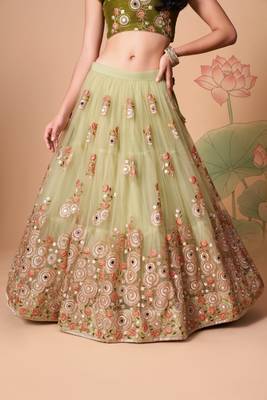  Pista Green Thread Zari Dori And Sequins Embroidered With Mirror Work Soft Net Wedding Lehenga Choli 3