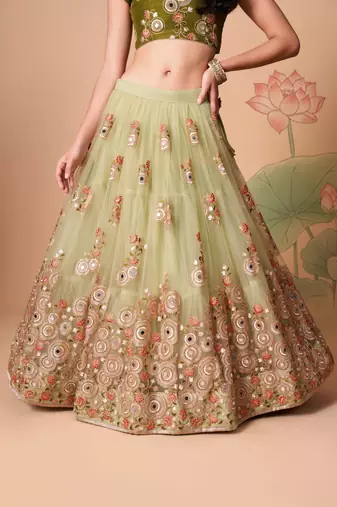  Pista Green Thread Zari Dori And Sequins Embroidered With Mirror Work Soft Net Wedding Lehenga Choli