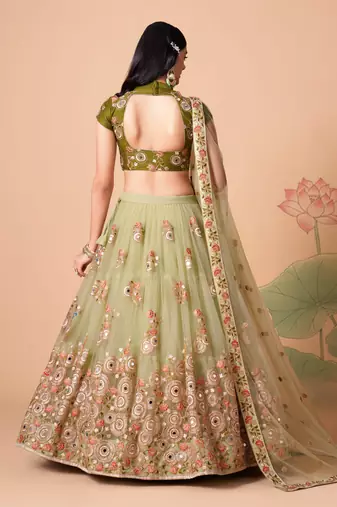  Pista Green Thread Zari Dori And Sequins Embroidered With Mirror Work Soft Net Wedding Lehenga Choli