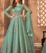 MINT GREEN MULTI EMBROIDERED WEDDING ANARKALI GOWN SEMI STITCHED