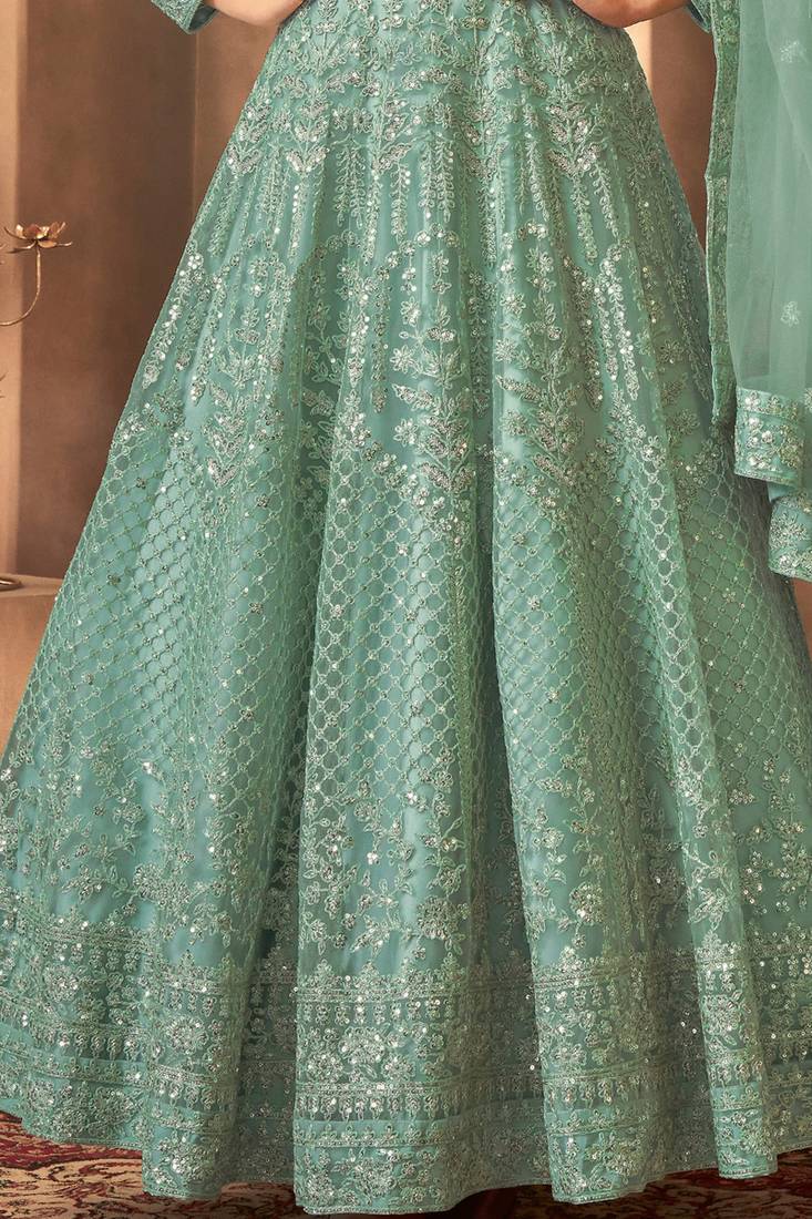 MINT GREEN MULTI EMBROIDERED WEDDING ANARKALI GOWN SEMI STITCHED
