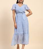 Trendmalls Women's Sky Blue Georgette Floral Printed Maxi Western Dress