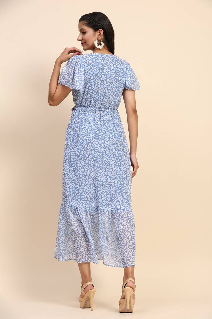 Trendmalls Women's Sky Blue Georgette Floral Printed Maxi Western Dress