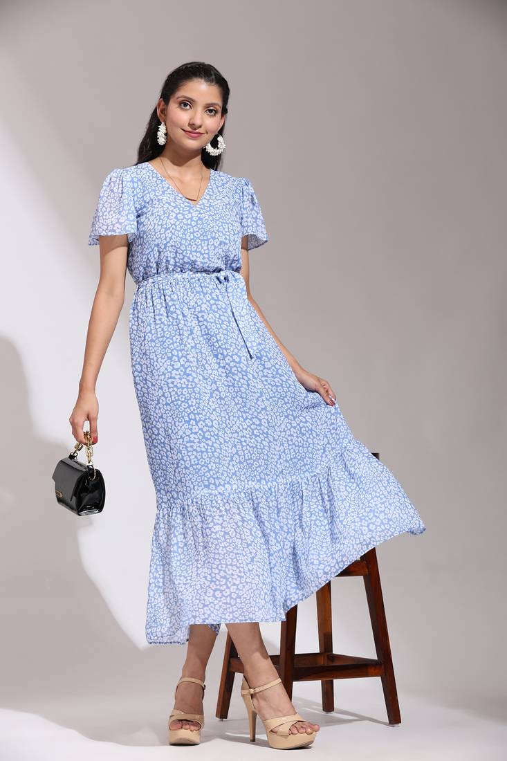 Trendmalls Women's Sky Blue Georgette Floral Printed Maxi Western Dress