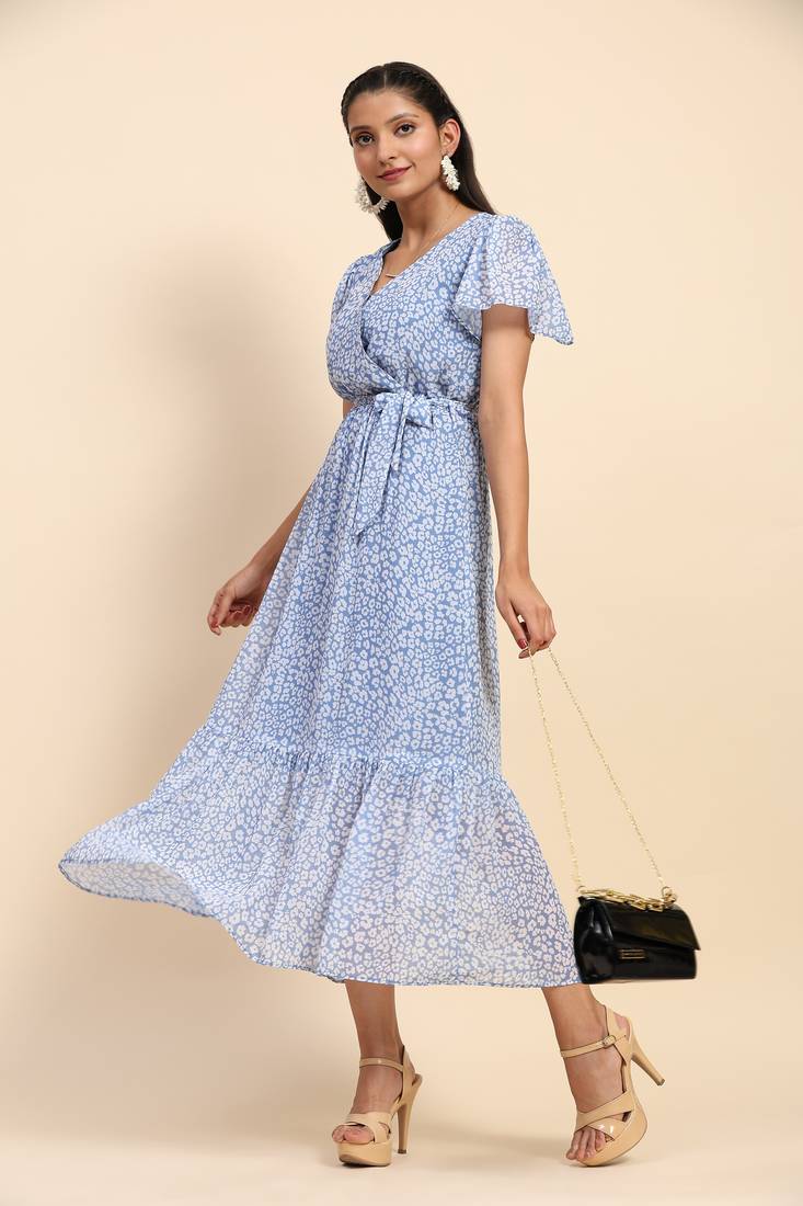 Trendmalls Women's Sky Blue Georgette Floral Printed Maxi Western Dress