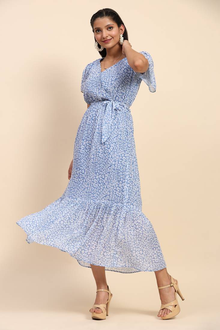 Trendmalls Women's Sky Blue Georgette Floral Printed Maxi Western Dress