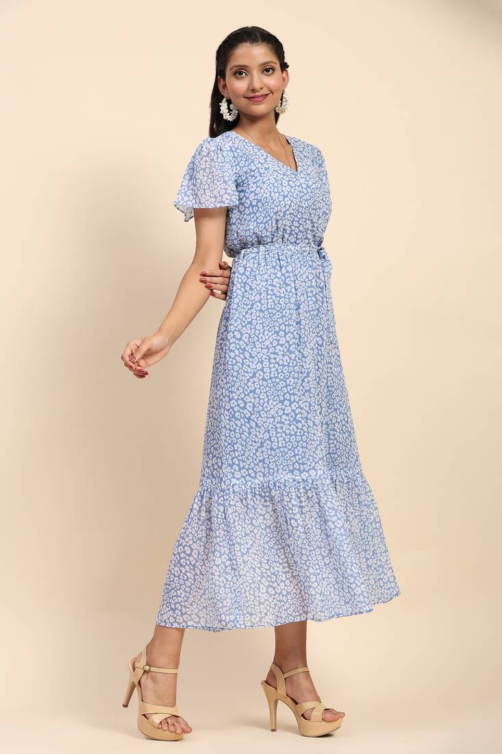 Trendmalls Women's Sky Blue Georgette Floral Printed Maxi Western Dress
