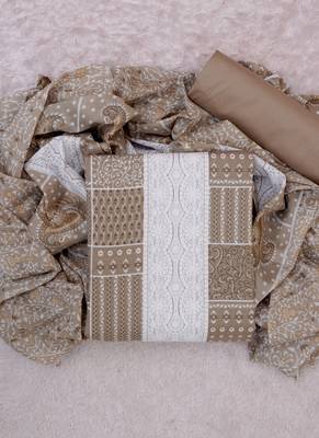 Beige cotton printed unstitched cotton dupatta 1