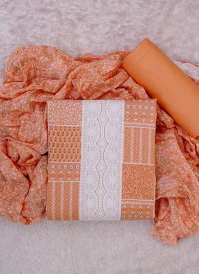Orange cotton printed unstitched cotton dupatta 1