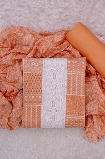 Orange cotton printed unstitched cotton dupatta